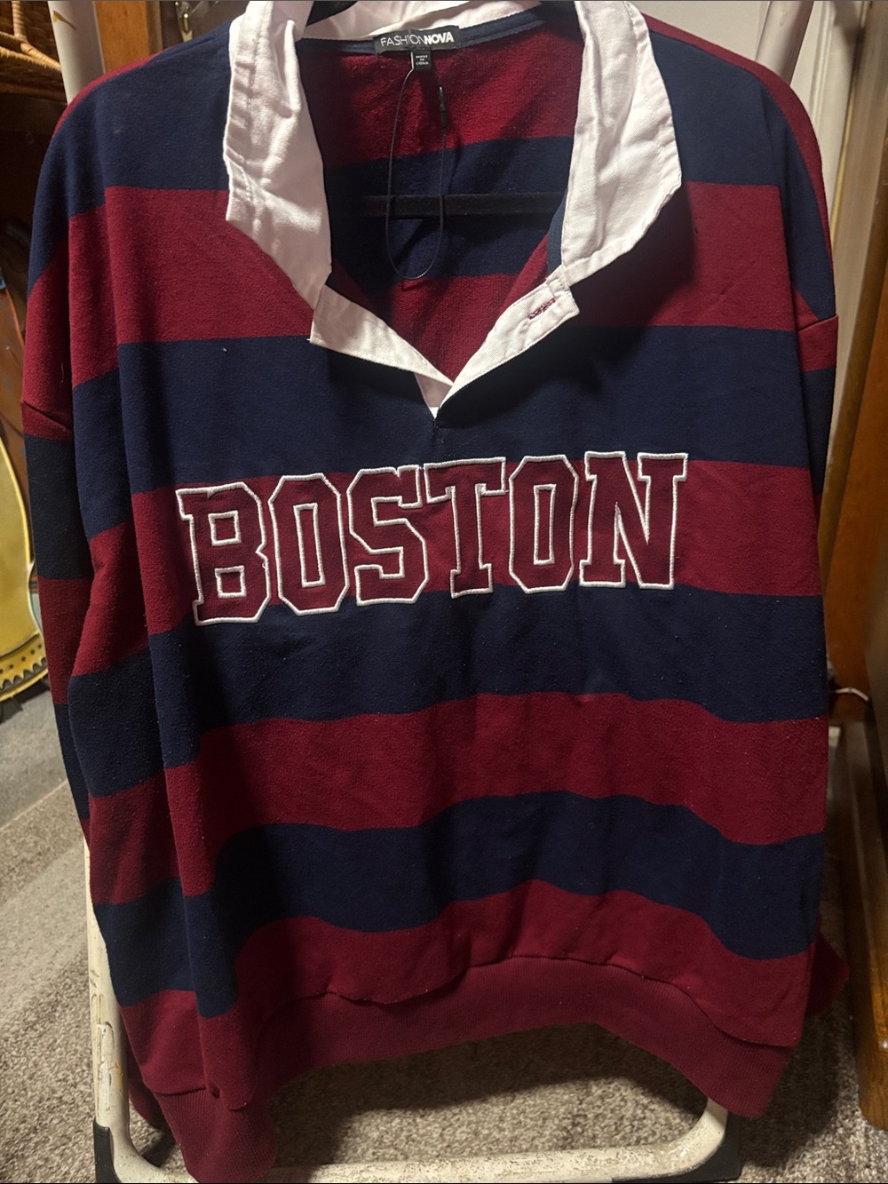 Fashion Nova Men's Striped 'Boston' Rugby Pullover - Burgundy, Navy & White